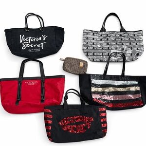 Victoria’s Secret Tote Bag Bundle Lot of 6 Canvas Sequin Logo Travel Beach Bags